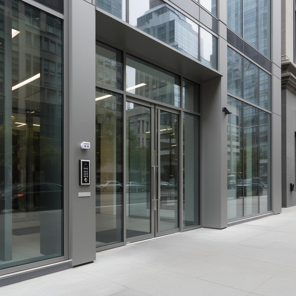 Serrurier commercial installant une barre anti-panique sur une porte de commerce à Rosemère