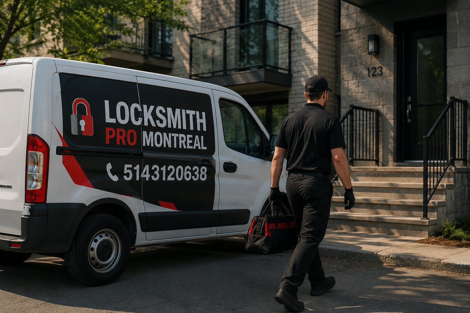 Serrurier mobile à Montréal arrivant en camion devant une résidence, service 24/7